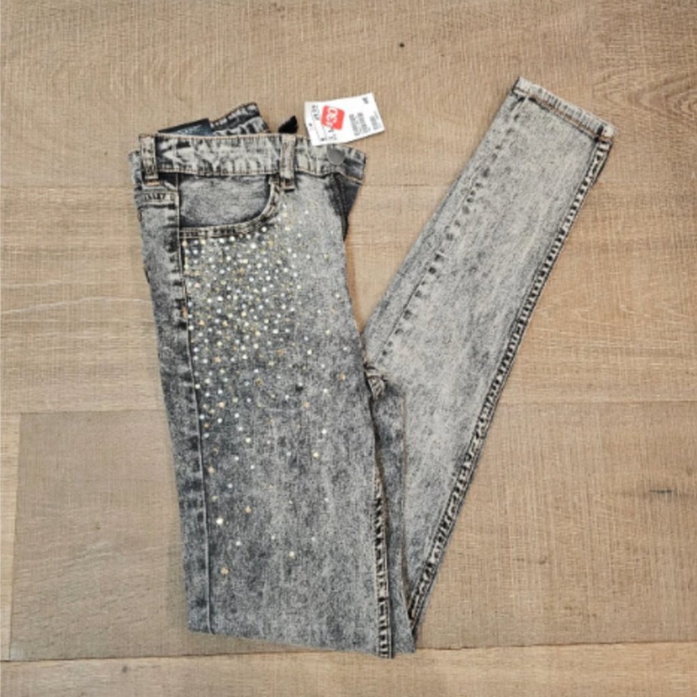 H&M Divided | High Waisted Acid Washed Skinny Jeans with Rhinestones | Size 8 US